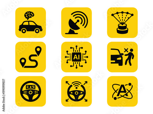Set of icons representing autonomous driving technology.
