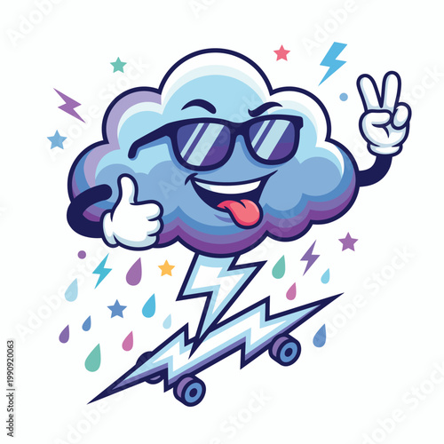 This fun illustration shows a playful cloud wearing sunglasses and flashing a peace sign, capturing a carefree and joyful spirit filled with exuberance.