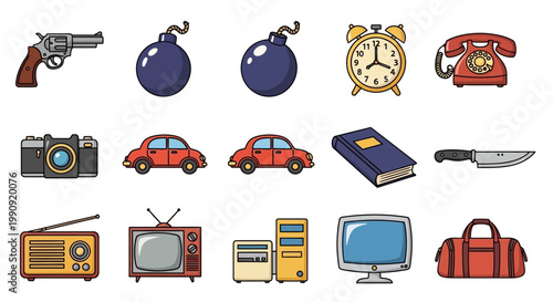 Retro Icons Collection: Camera, Car, Gun, Bomb, Phone, TV, Computer, Book, Knife