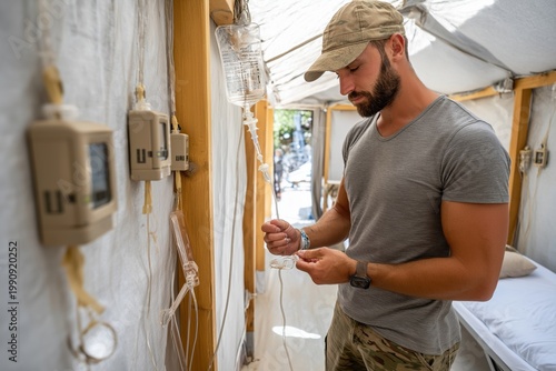 Soldier in field clinic receives IV drip while surrounded by medical equipment and soft lighting