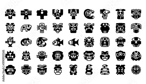 Collection of black and white ancient mesoamerican inspired glyphs and icons