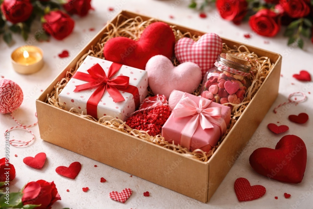 Fototapeta premium Valentine s Day inspired handmade box filled with hearts and gift items resting on a white table