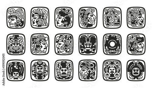 A collection of ancient mayan glyphs and stylized face designs