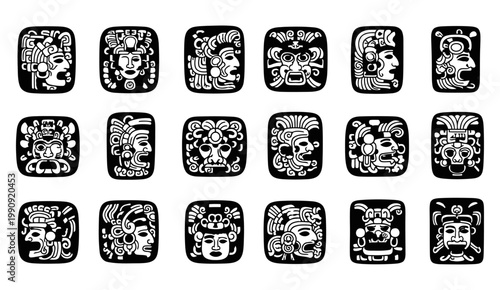 A collection of black and white mayan or aztec styled face glyphs