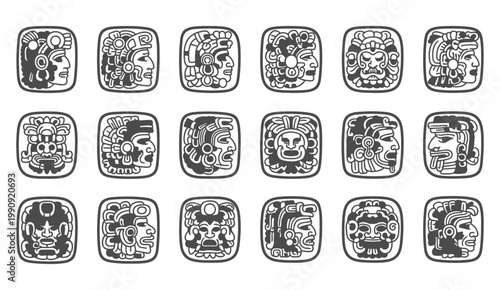 Collection of ancient mayan glyphs and face depictions in black and white