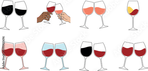 Set of wine glasses clinking and filled with red, rosé, and white wine in minimal flat vector illustration style