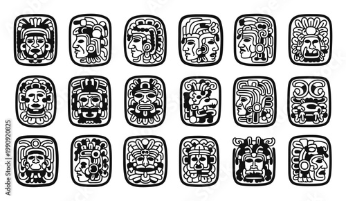 Collection of ancient mayan or aztec style carved stone face icons