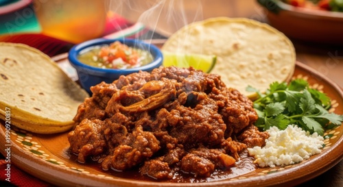 A plate of mexican food with meat and vegetables Cino de Mayo