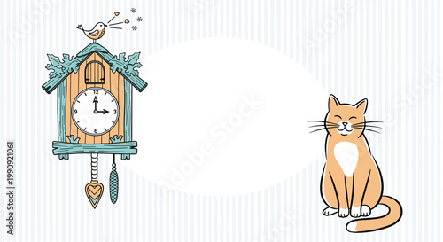 Whimsical scene with a traditional wooden cuckoo clock and a happy ginger cat sitting next to a large blank white oval space.