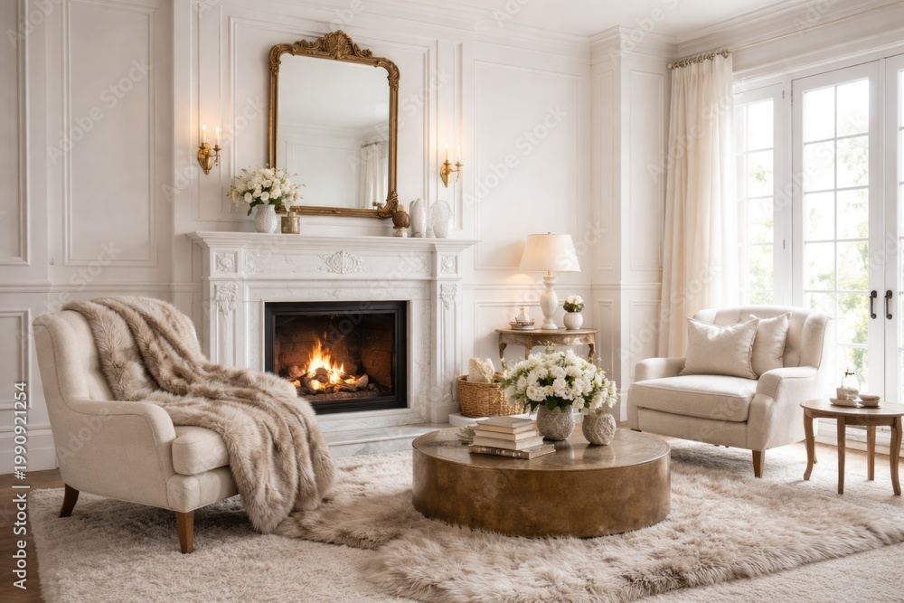 Fototapeta premium White traditional living space with wall paneling fireplace and fur rug in armchair setting illustration mock up