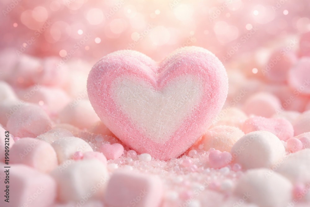 Obraz premium Romantic pink marshmallow heart on soft pastel background for Valentine theme