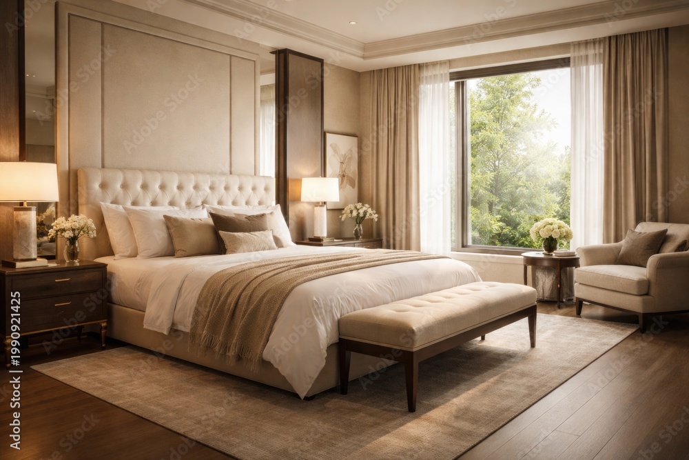 Fototapeta premium Upscale hotel bedroom with tranquil ambiance in soft natural light and refined cream and earth toned decor