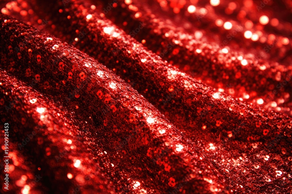 Fototapeta premium Detailed shot of shimmering red sequin material for celebration wear