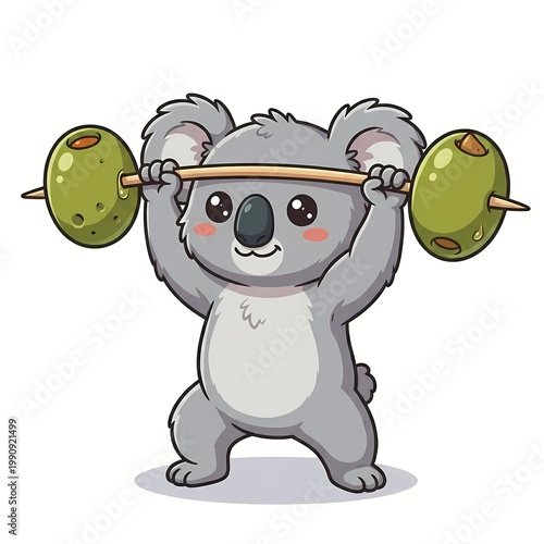Cute Kawaii Koala Weightlifter Lifting Olive Barbell - Chibi Strongman Fitness Concept Vector Illustration