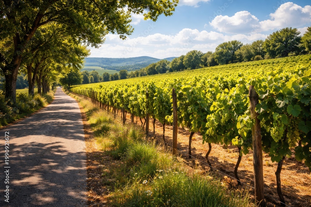 Obraz premium Sunny day capturing a peaceful street and green grape fields