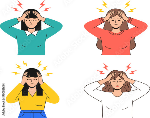 People Suffering from Headache Vector Illustration Set with Men and Women Holding Head in Pain, Stress, Migraine, and Mental Health Concepts for Medical Design