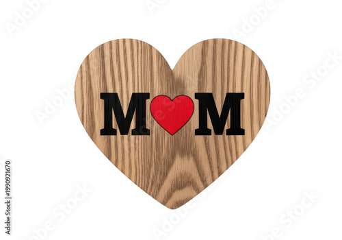 Handcrafted wooden heart with mom acronym isolated on transparent background