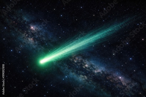 Vibrant green comet streaking across a star filled cosmic night sky