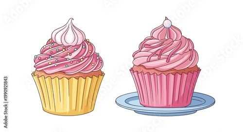 Pink Cupcake Vector Illustration Set with Frosted Muffins, Sprinkles, and Sweet Dessert Treats for Bakery, Celebration, and Food Design Projects