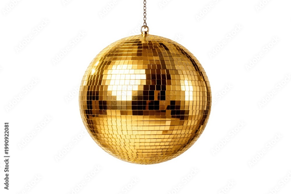 Fototapeta premium golden mirror disco ball suspended against a pure white backdrop with clipping path