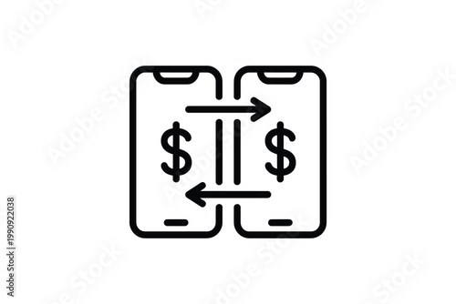 Two smartphones sending money, financial transfer icon, online banking symbol, peer to peer payment concept, digital currency exchange, mobile transaction.