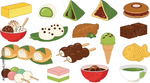 Traditional Japanese Dessert Vector Collection Featuring Mochi, Dango, Taiyaki, Dorayaki, Yokan, Matcha Ice Cream, and Colorful Confections for Culinary and Cultural Designs