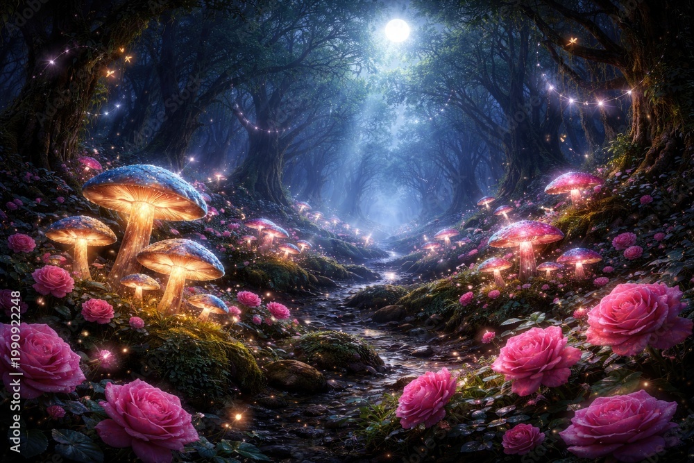 Fototapeta premium Dreamlike elf forest filled with shining magical mushrooms and vibrant pink roses under moon rays