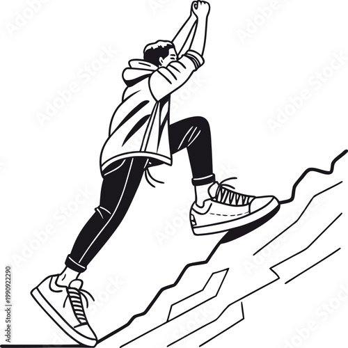 A determined person climbing a steep rocky incline towards a goal