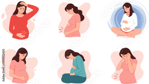 Pregnant Woman Pain and Discomfort Illustration Set with Maternity Health Issues, Abdominal Cramps, Stress, and Prenatal Care Concepts for Medical and Wellness Designs