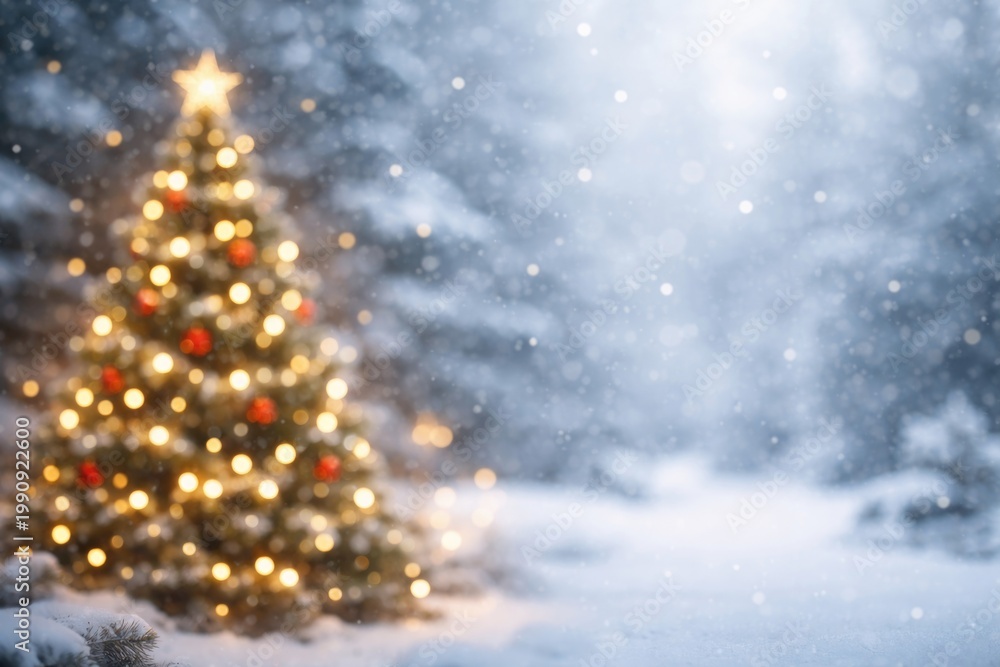 Fototapeta premium out of focus festive tree with snowy backdrop and clear copy space for text