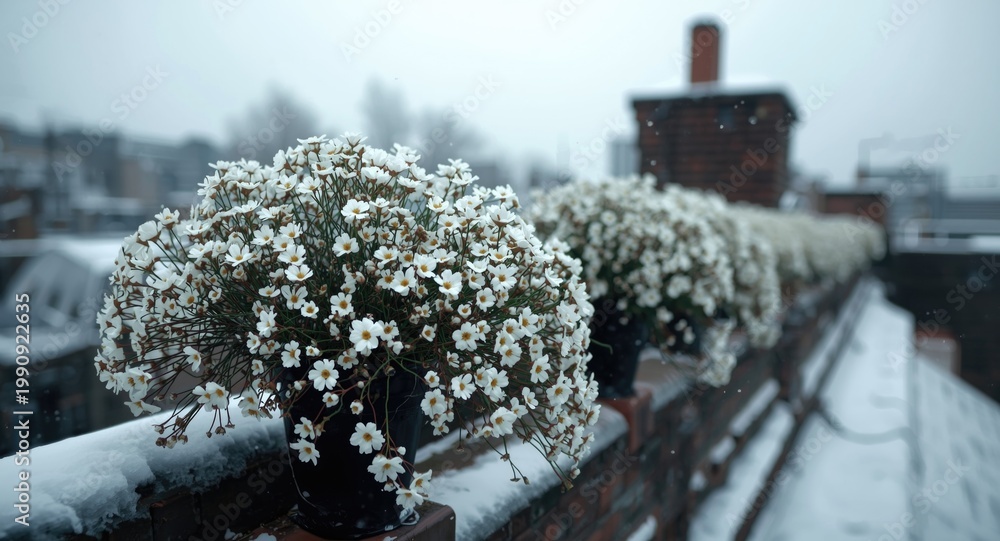 Fototapeta premium Winter rooftop adorned with bouquets of white sweet alyssum flower clusters