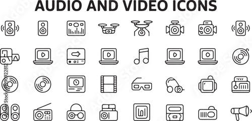Audio and video icons set representing sound and media playback technology symbols for entertainment.