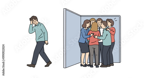illustration of man feeling anxious or stressed in contrast to group of people laughing and having fun