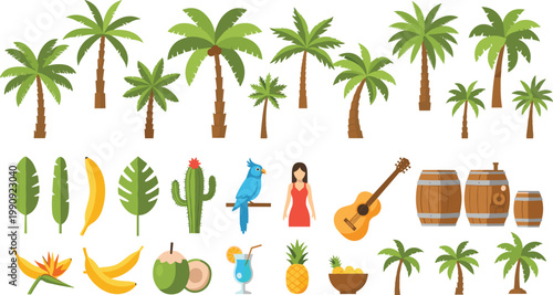 Tropical elements set palm trees banana coconut guitar parrot beach items summer vector illustration collection isolated
