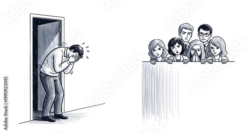 cartoon illustration of man peeking through doorway at group of people