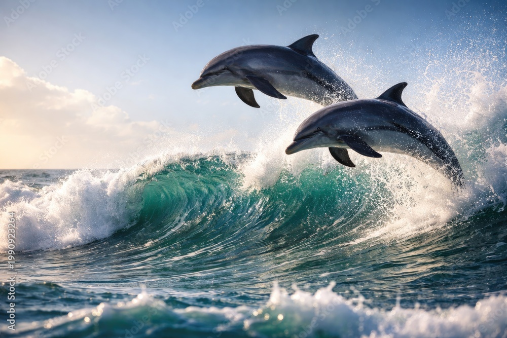 Fototapeta premium Energetic bottlenose dolphins jumping over wave with copyspace for text
