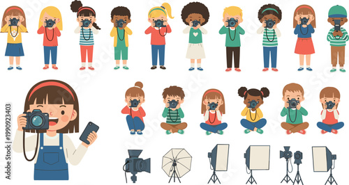 Kids photographers set children taking photos with cameras studio equipment collection creative hobby vector illustration isolated