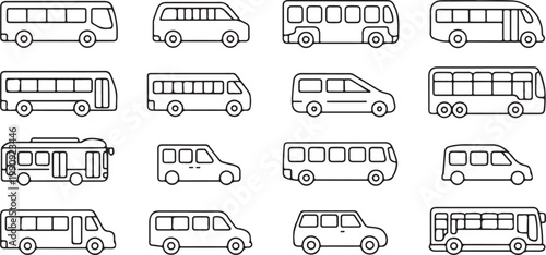 Arrangement of bus and van icons showing different types of passenger vehicles for public transport services.