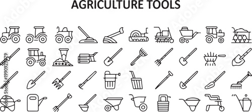 Group of agriculture tools and machinery icons for farming and cultivation work including tractors and equipment.