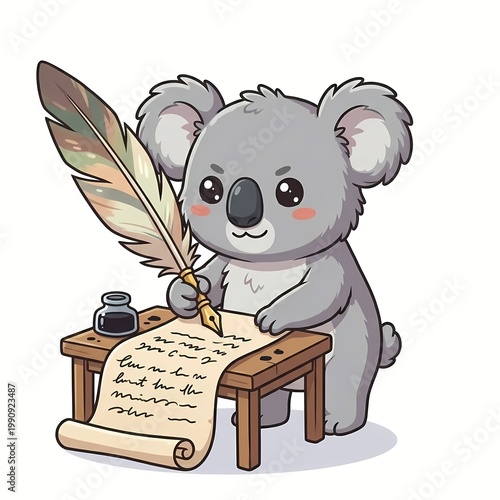 Cute Kawaii Koala Writer Writing on Paper Scroll with Quill Pen and Ink - Chibi Author Poet Concept Vector Illustration