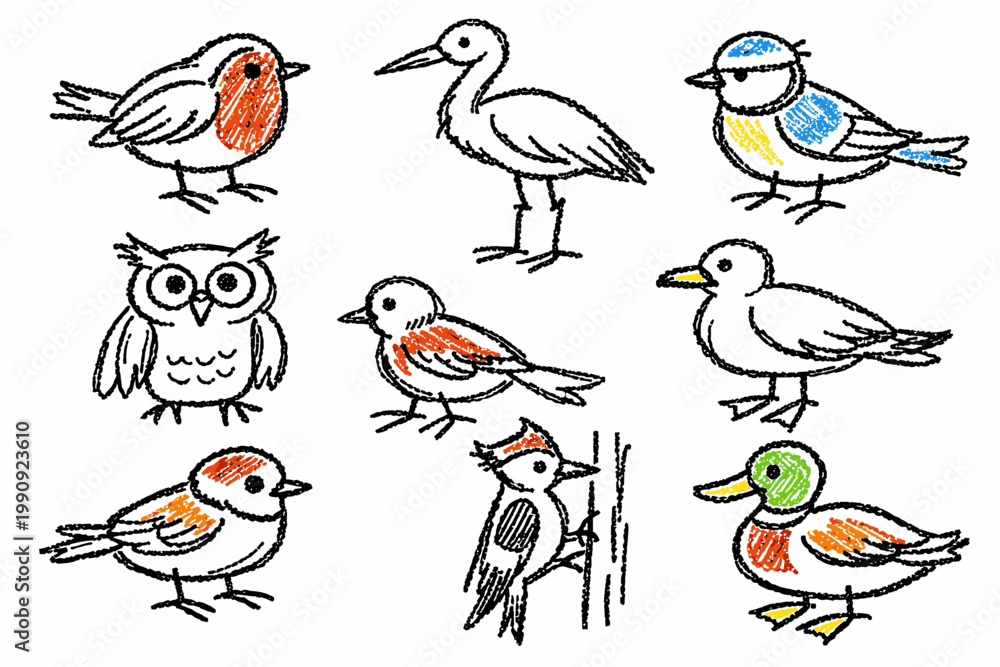 Obraz premium Childlike crayon pencil bird doodle set with small birds in playful kids drawing style - concept wildlife illustration