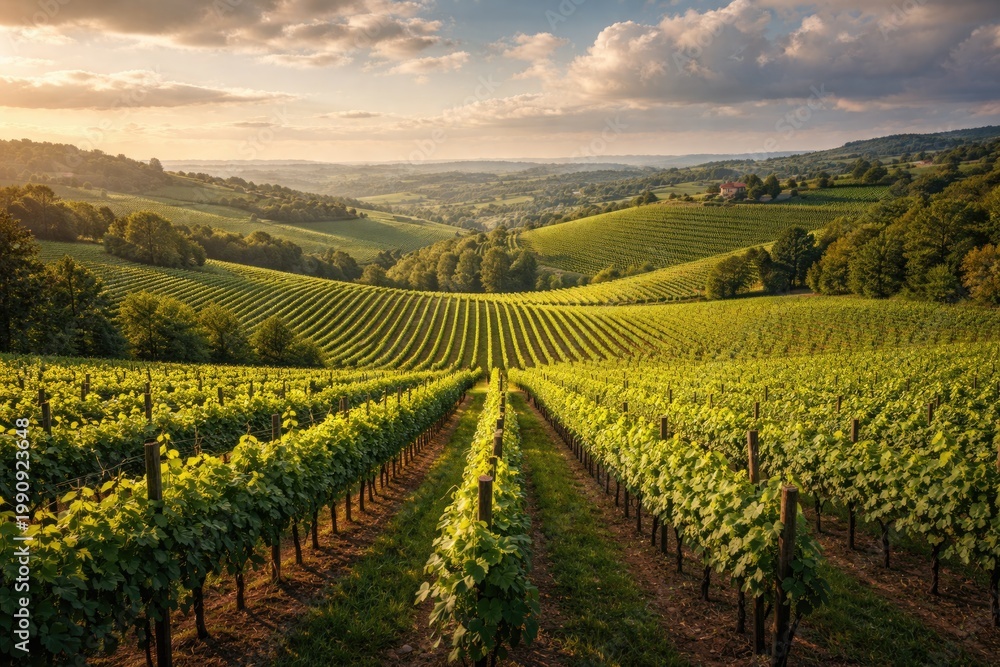 Naklejka premium Lush vineyard fields stretching across gently rolling terrain