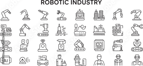Robotic industry line icons featuring mechanical arms automated factory systems artificial intelligence and human robot operators.
