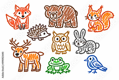 Childlike crayon pencil forest animal doodle set with fox bear deer in kids drawing style - concept wildlife kids