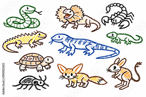 Childlike crayon pencil reptile and small animal sketch set in playful kids drawing style - concept biodiversity illustration
