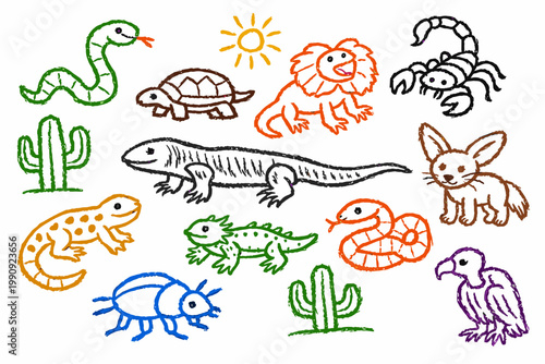 Childlike crayon pencil reptile and desert animal doodle set with cactus and sun kids style - concept wildlife desert