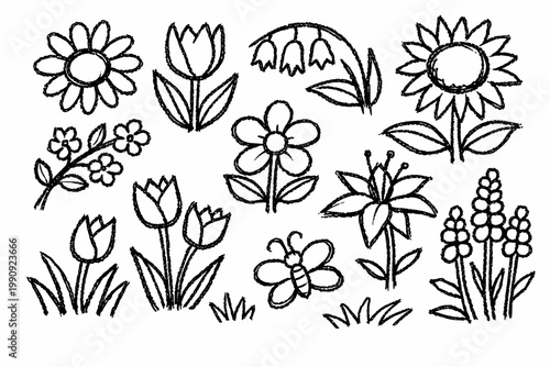 Black and white childlike crayon pencil flower set coloring page in kids drawing style - concept coloring book