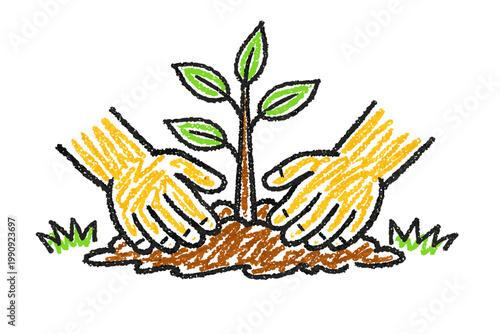 Childlike crayon pencil drawing of hands planting green sprout symbolizing Earth Day care and growth - concept earth day ecology