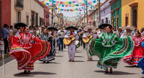 Mexican dancers perform on a colorful street Cino de Mayo