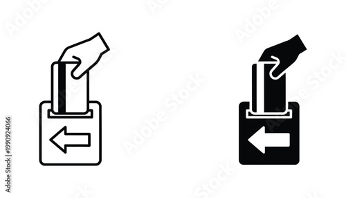 Hand inserting card into reader icon in outline and solid style representing electronic payment and secure transaction processing